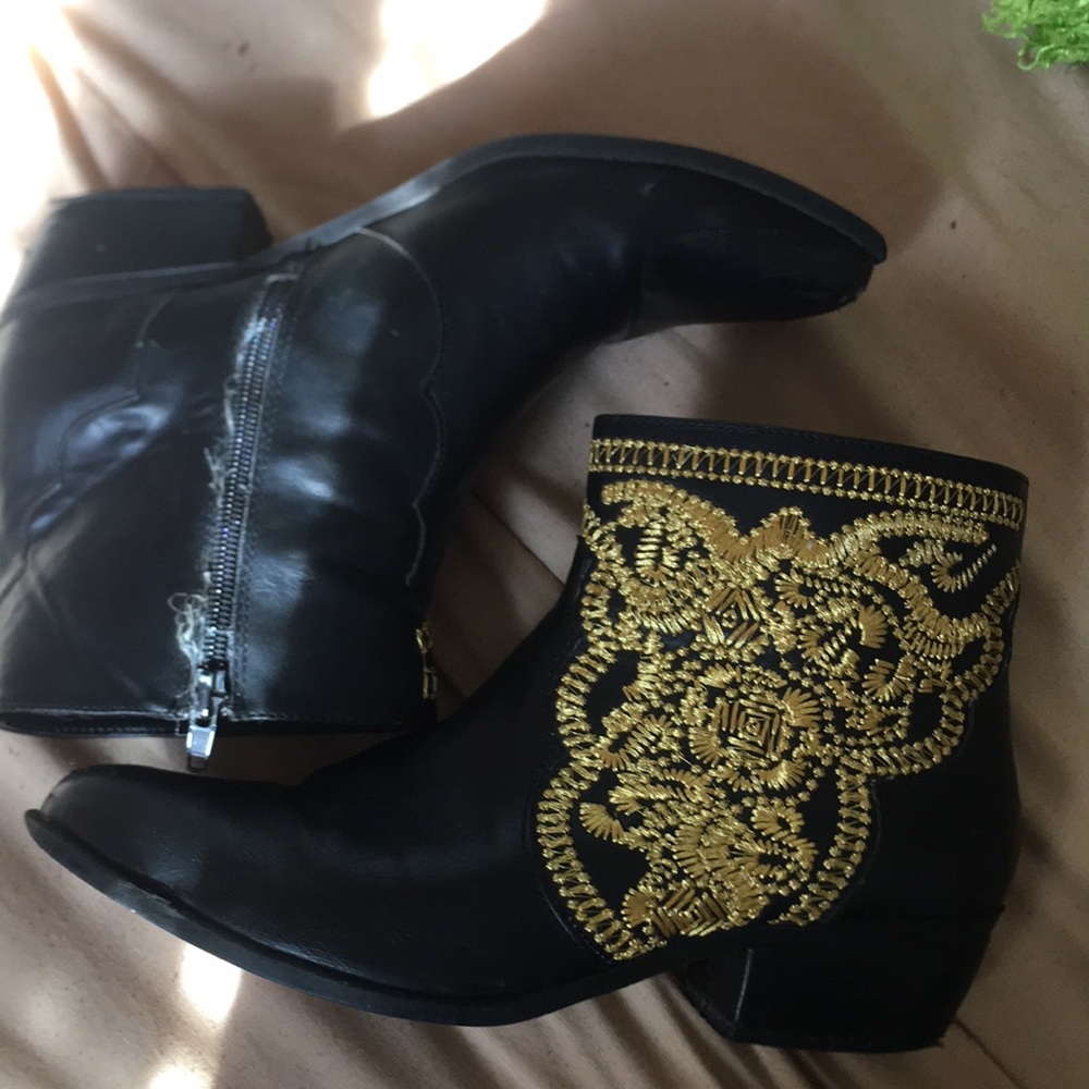 Forever 21 leather booties with gold embroidery